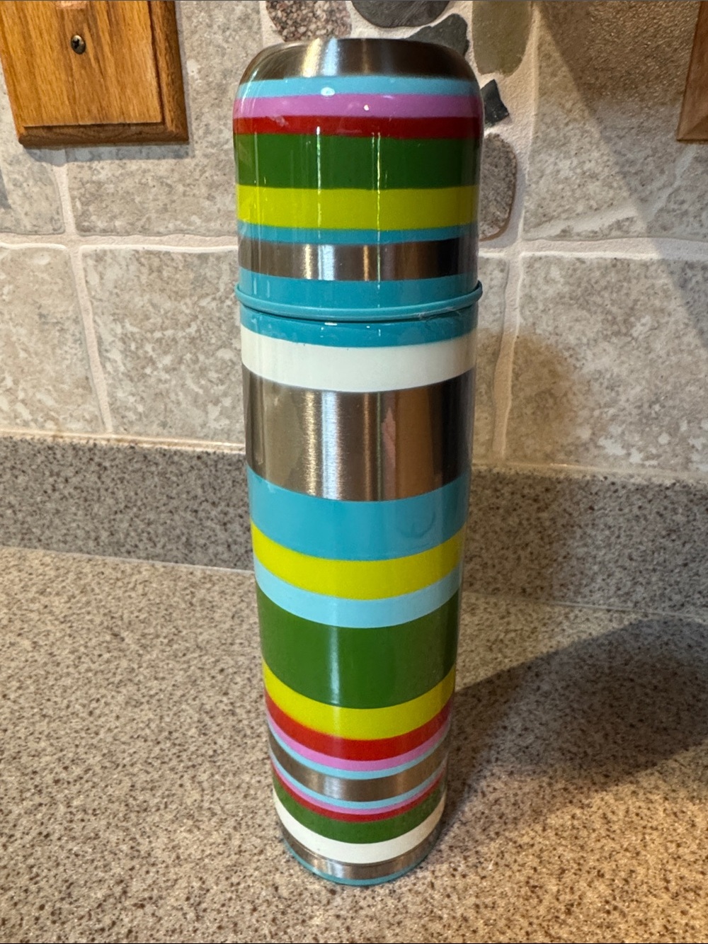 Starbucks Pylons Striped Thermos in Green, Blue, Yellow and Silver 
17 Oz